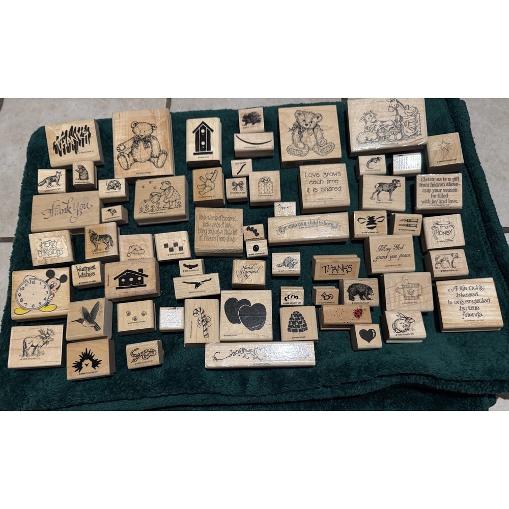 63 vintage 1990 and early 2000's wooden stamps- assorted sizes and patterns